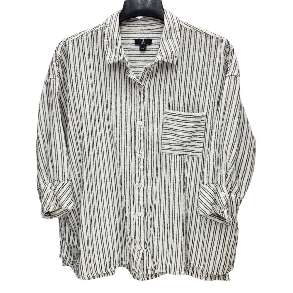 J Jason Wu Linen Blend Button Up Shirt Womens Large Black White Striped Coastal